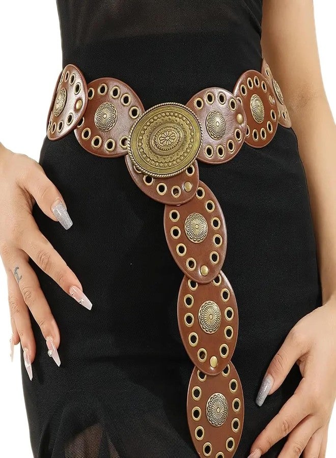 OVOY Vintage Western Leather Belt for Women - Wide Cowgirl Waist Belt with Concho Buckle - Boho Style Belt for Jeans & Dress - Image 2